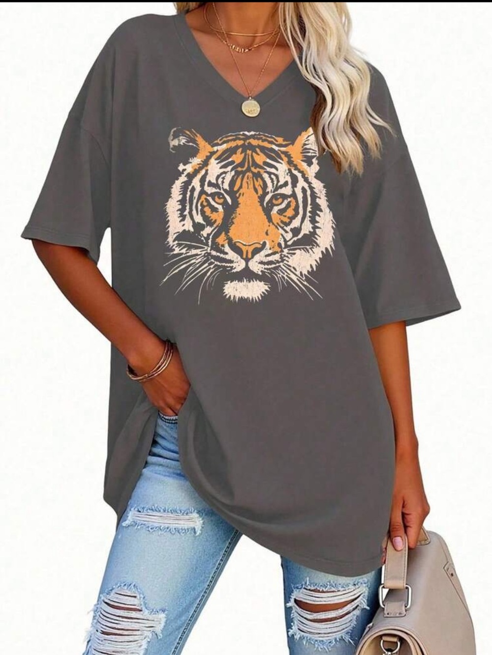 Tiger Graphic V-Neck Women’s Top - Gray/Orange